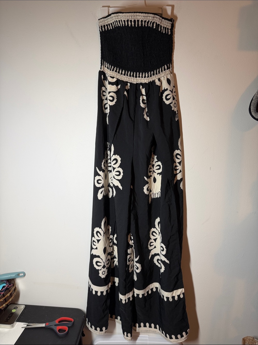 SHEIN Black and Cream Strapless Smocked Maxi Jumpsuit